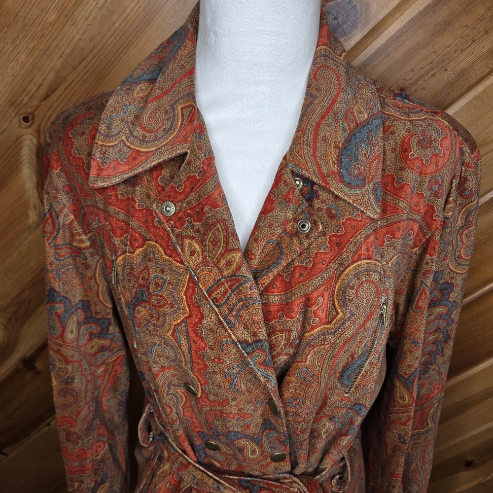Vtg Silvia Miccio Paisley‎ Light Weight Double Breasted Jacket Belt Sz Large - Picture 2 of 8